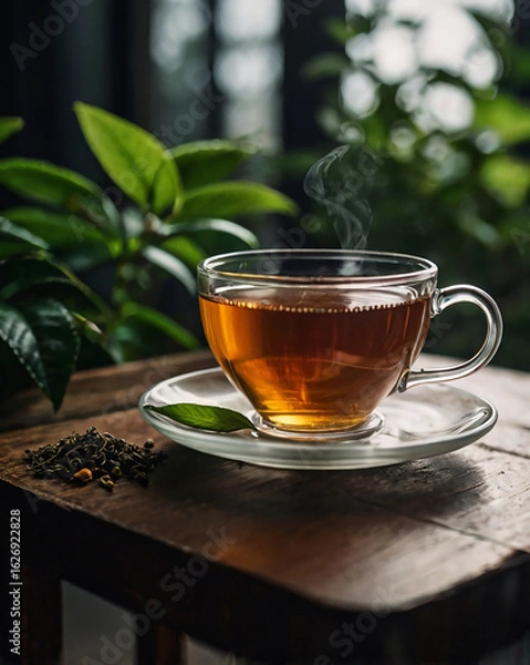 Fototapeta A collection of high-quality, cinematic-style photographs featuring elegant tea cups and teapots on rustic wooden tables. Surrounded by lush green leaves and natural light, these images evoke a calm, 