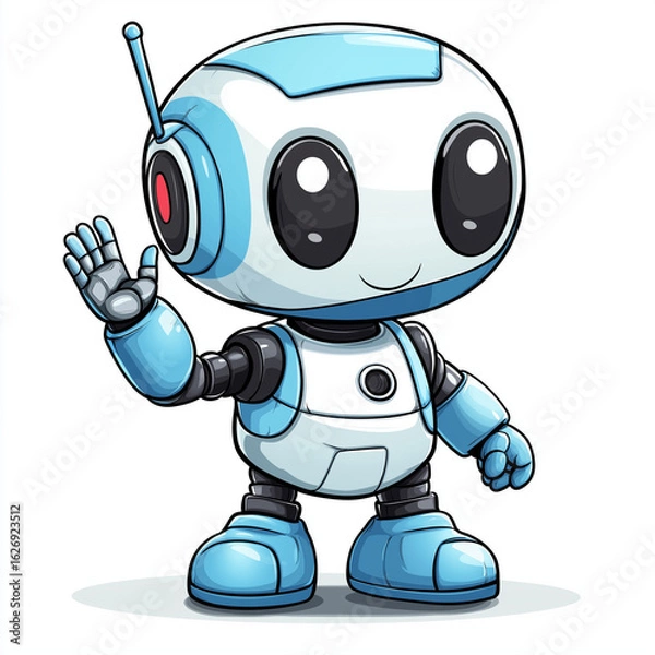 Fototapeta Funny logo of cute light blue robot waving with one hand in vibrant minimalist cartoon style Generative AI