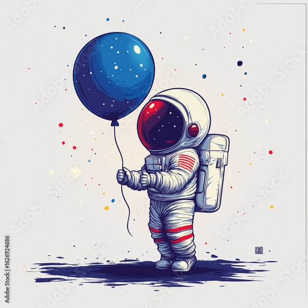 Fototapeta Funny logo of joyful astronaut holding balloon in vibrant minimalist cartoon style Generative AI