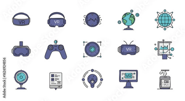 Fototapeta A collection of colorful outline icons representing virtual reality, metaverse, and futuristic technology concepts