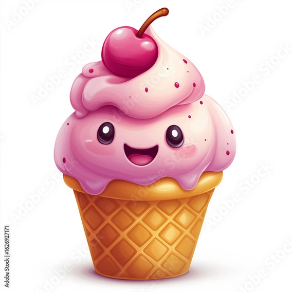 Fototapeta Smiling ice cream cone logo with cherry on top in vibrant minimalist cartoon style Generative AI