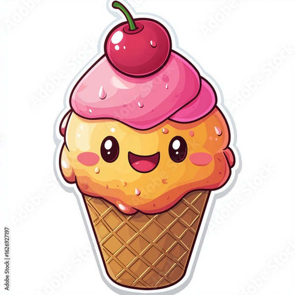 Fototapeta Smiling ice cream cone logo with cherry on top in vibrant minimalist cartoon style Generative AI