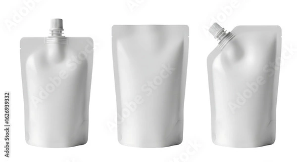 Fototapeta Three white doypack or spouted pouch mockups for liquid food. Isolated on transparent background, png
