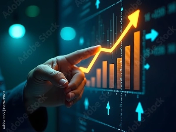 Obraz Close up of a hand pointing at a rising orange stock market graph with upward trend arrows on a dark background