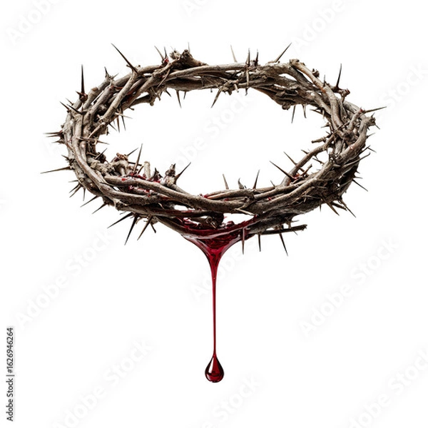 Fototapeta Crown of thorns with dripping red liquid on transparent background isolated symbol of sacrifice and pain