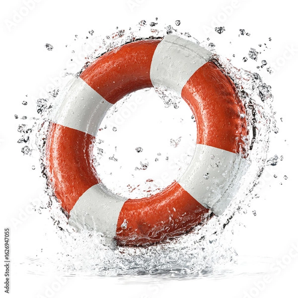Obraz Red and white lifebuoy ring with dynamic water splashes on transparent background isolated safety equipment