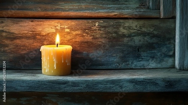 Obraz Burning Candle on Rustic Wood
