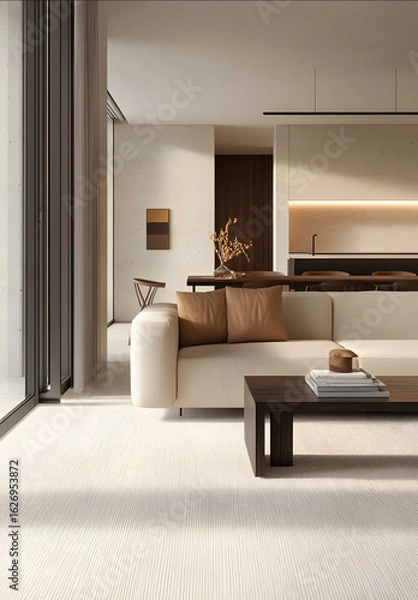 Obraz A modern minimalist living room with light grey walls and white ceiling large window at the end of the wall showing an open kitchen in black oak wood with brown vei