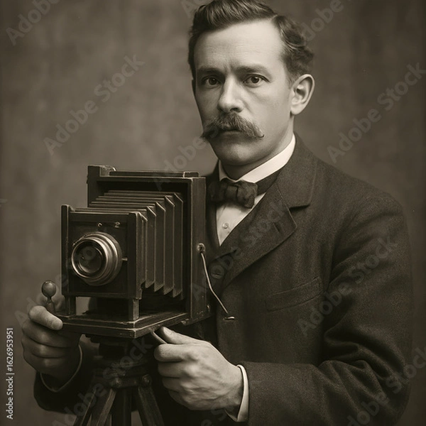Fototapeta 19th century photographer with an old camera, man with old camera