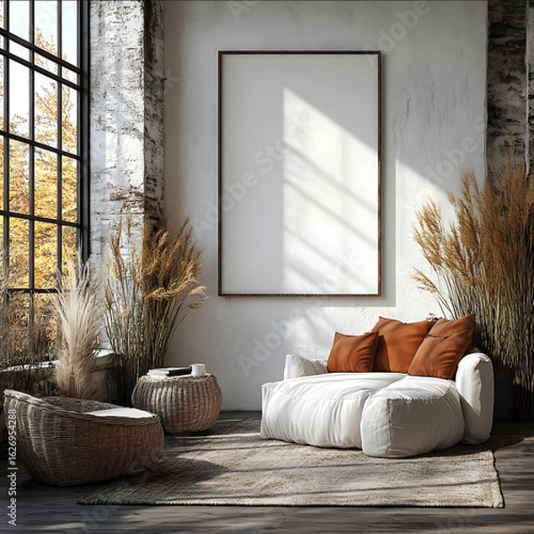 Obraz 16x20 inch wall frame empty white paper in it modern white wall modern frame warm tones morning 135mm film DSLR High resolution