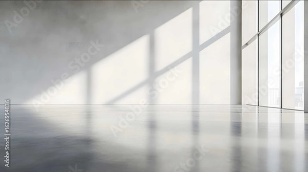 Obraz A closeup of a large empty white wall smooth and unblemished with a shiny concrete floor reflecting light The modern building has high ceilings with minimalistic arc