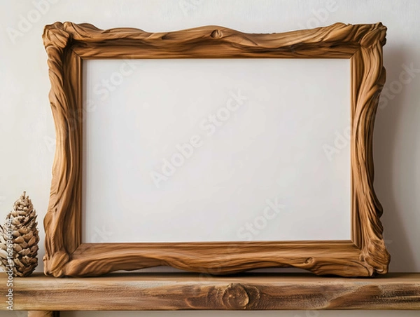 Obraz a large empty decorative horizontal picture frame medium brown wood with a white matte sitting on a brown wooden shelf soft indoor lighting