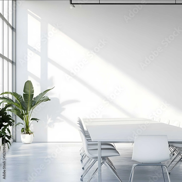 Obraz a zoom corporate background with a very minimalistic and white office a conference room and a white clean wall on the back of the image
