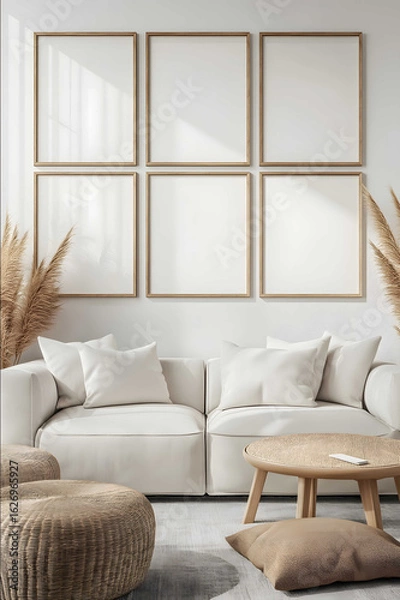Obraz wall art mockup in a modern minimalist living room with a set of 6 mock up frames on the wall The frames are portrait orientation