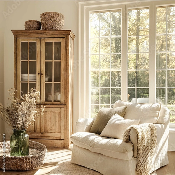 Obraz bright inviting living room with a beautifully restored vintage wooden cabinet as the focal point surrounded by warm natural decor elements The room is filled with