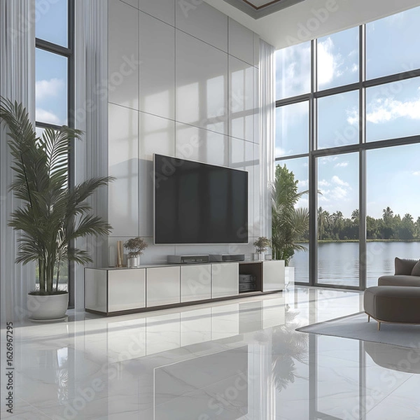 Obraz Luxury wall unit with custom storage elegantly crafted entertainment center very soft integrated lighting soft glossy finish situated in a bright Florida living roo