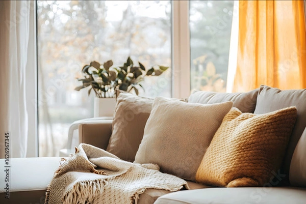 Obraz A photo of a cozy living room with a plush sofa soft throw pillows and a warm blanket draped over the armrest A large window allows natural light to fill the room c