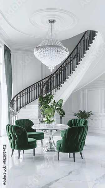 Obraz A grand entryway with an elegant staircase white walls and ceiling a large crystal chandelier hanging from the center of the room green velvet chairs at a round ta
