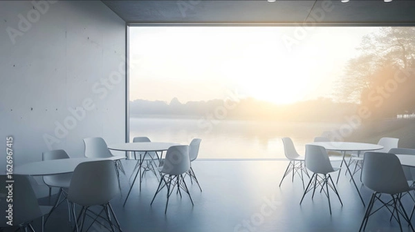 Obraz a gray white sterile and minimalist conference meeting room small round white tables and basic white chairs lined up by the window which is looking out towards a ri