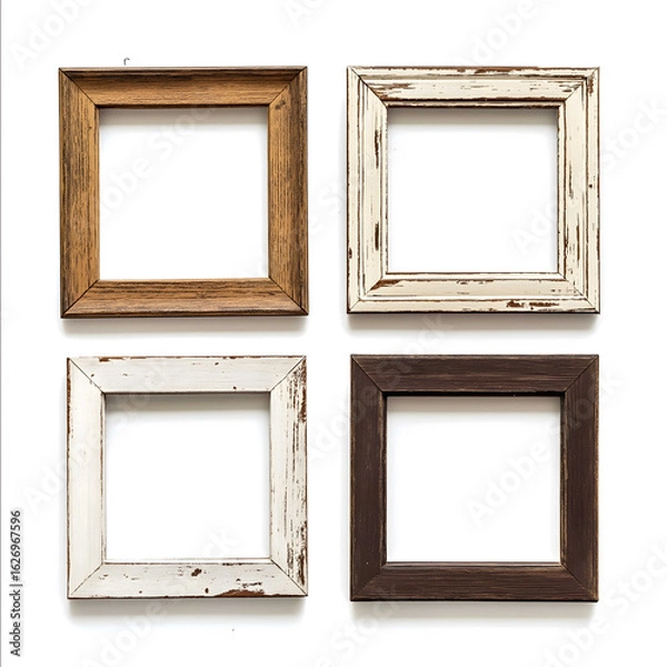 Obraz set of 4 individual thin blank wooden frames old used weathered brown cream aged isolated on a white background