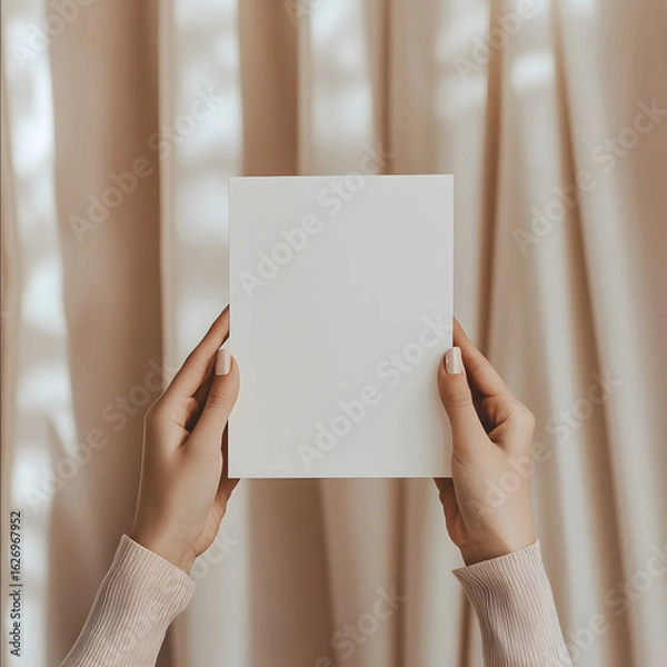 Obraz A woman with French manicure hands is holding a 5x7 inch blank card on beige light curtain This scene is very suitable for mockups to be used for invitations