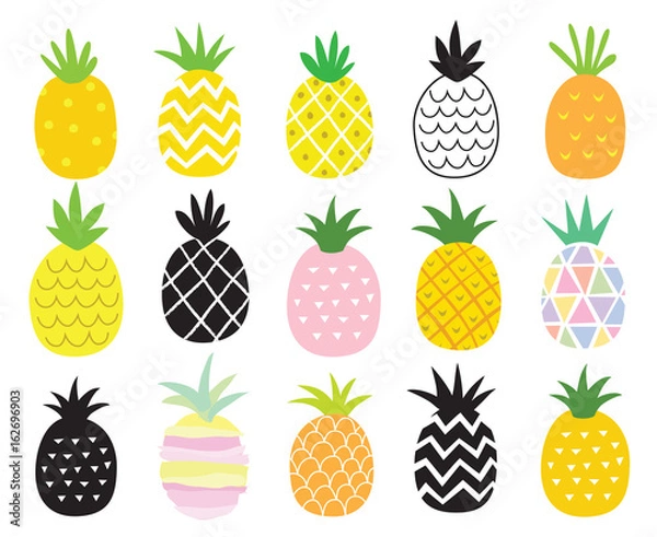 Obraz Wektorowy ilustracyjny ustawiający ananas w różnych stylach.