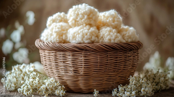 Obraz Soft White Yarn Balls in a Rustic Wicker Basket