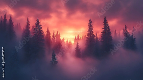 Fototapeta Enchanting Sunset over Misty Pine Forest
