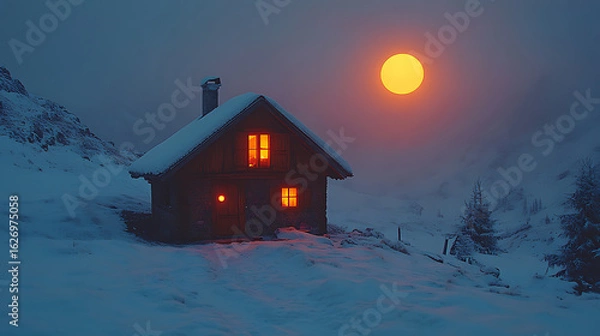 Obraz Cozy Cabin in the Snowy Mountains at Sunset