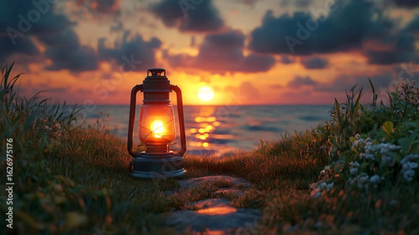 Obraz Illuminated Path A Sunset Seascape with a Lighted Lantern