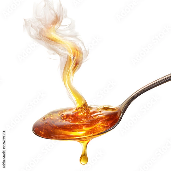 Obraz Golden Honey Swirl on Spoon with Glowing Steam Effect Isolated on Transparent Background

