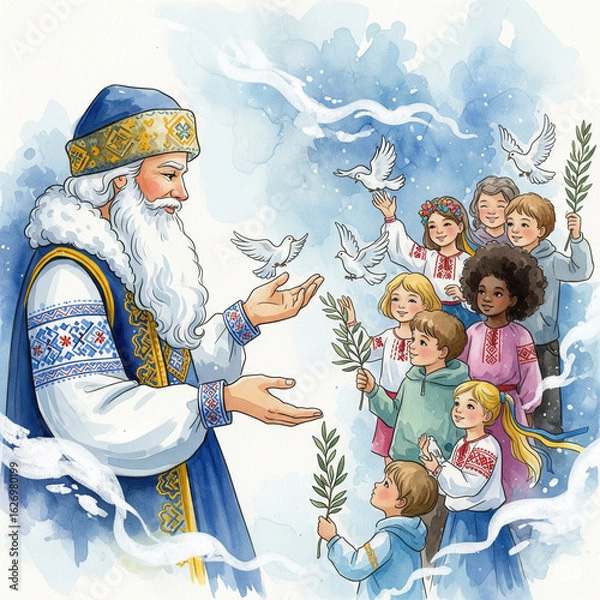 Obraz Ukrainian Santa Claus gives children a world without war