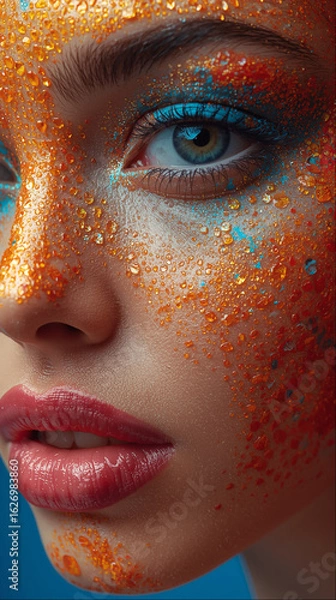 Obraz Close-up of a woman's face with heavy makeup, bright eyes and shiny lipstick.
