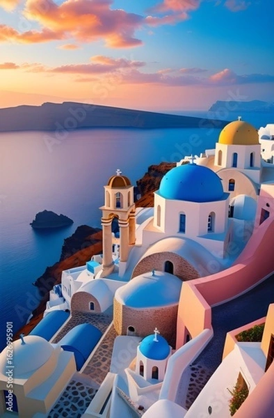 Fototapeta Iconic white and blue buildings of Santorini, Greece, overlooking the Aegean Sea at sunset.