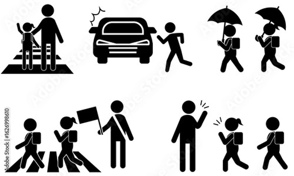 Obraz 登校中の小学生と地域の見守り活動を表すピクトグラムセット