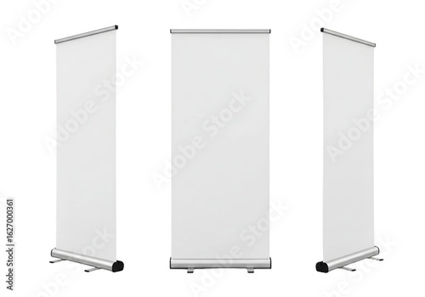 Fototapeta Set of three blank white roll up banner stand mockups from different angles. Isolated on transparent background, png