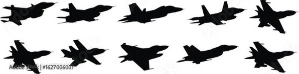 Fototapeta Fighter jet silhouette set, black vector icons of military aircraft in various angles, aviation design for war, transport, and defense