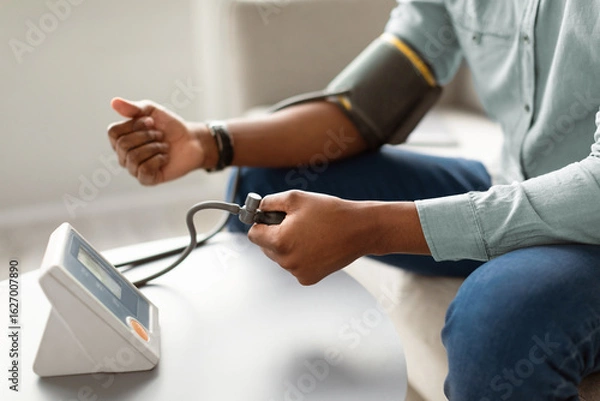 Fototapeta Unrecognizable Black Man Measuring Arterial Blood Pressure Having Hypertension Health Issue Sitting On Couch Indoors. Hypotension, Low And High Blood-Pressure Problem Concept. Cropped