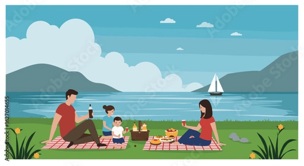 Fototapeta Family picnic by the lake with parents and children enjoying nature with food and drinks. Vector illustration