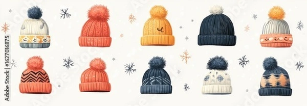 Fototapeta Variety of colorful winter hats with unique designs and pom-poms