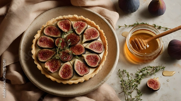 Fototapeta Elegant fig tart with honey and thyme on a rustic plate, perfect for a sweet treat or dessert.