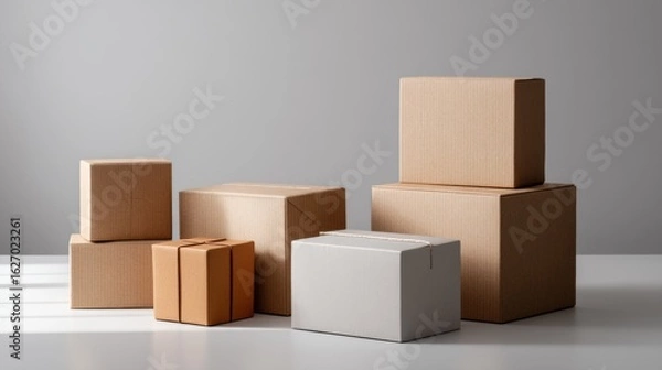 Fototapeta Brown and white cardboard boxes stacked in minimalist setting for packaging and delivery branding concept photo
