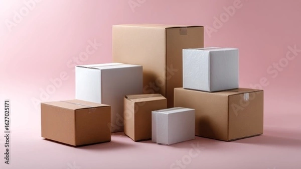 Fototapeta Cardboard and white boxes stacked on pastel background for minimalist delivery packaging composition concept scene product
