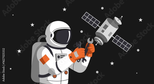 Fototapeta Astronaut repairing satellite in space with tools against starry background. Vector illustration