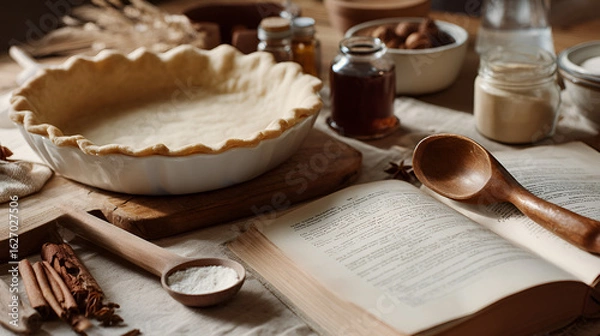 Fototapeta Preparing a homemade pie with fresh ingredients, guided by a vintage recipe book on a rustic table.