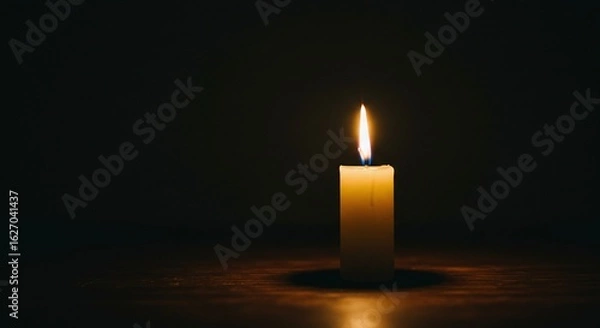 Fototapeta A solitary burning candle provides a warm glowing light in the darkness, representing a spiritual concept of memory, remembrance, and quiet contemplation.