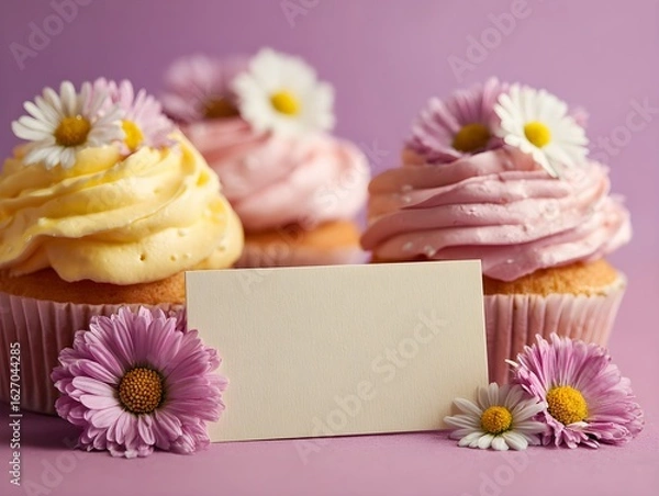 Fototapeta  Daisy-Adorned Pink & Yellow Cupcakes with Blank Card – Sweet Party Setup for Invitations & Bakery Ads
