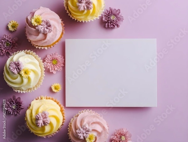 Fototapeta Blank Greeting Card on Daisy-Decorated Cupcakes – Colorful Party Setup with Write-In Space for Events