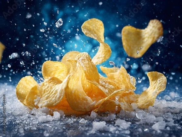 Fototapeta Yellow Potato Chips with Snow & Ice – Soda Splash Effect on Ground, Bold Contrast for Snack Advertising