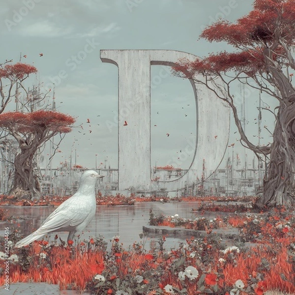 Fototapeta Stylized Letter "D" with White Birds & Red Trees – Fantasy Typography for Branding and Book Covers